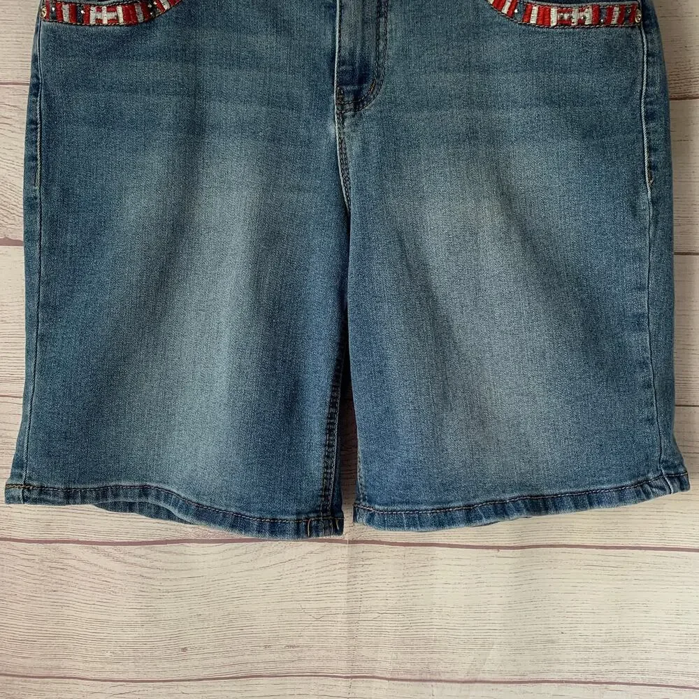 Earl Jeans Bermuda Denim Jean Shorts Patriotic Flag Embellishments Size 12